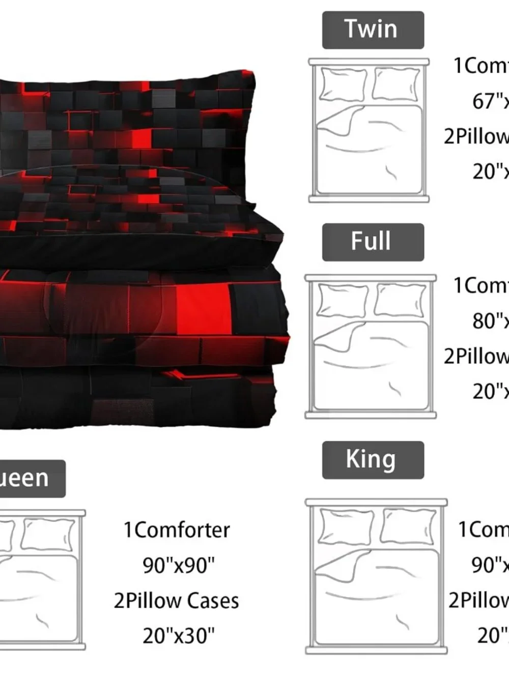 Neon Red Black Comforter Set King Geometric Kids Bedding Set,3 PCS Geometry Hone